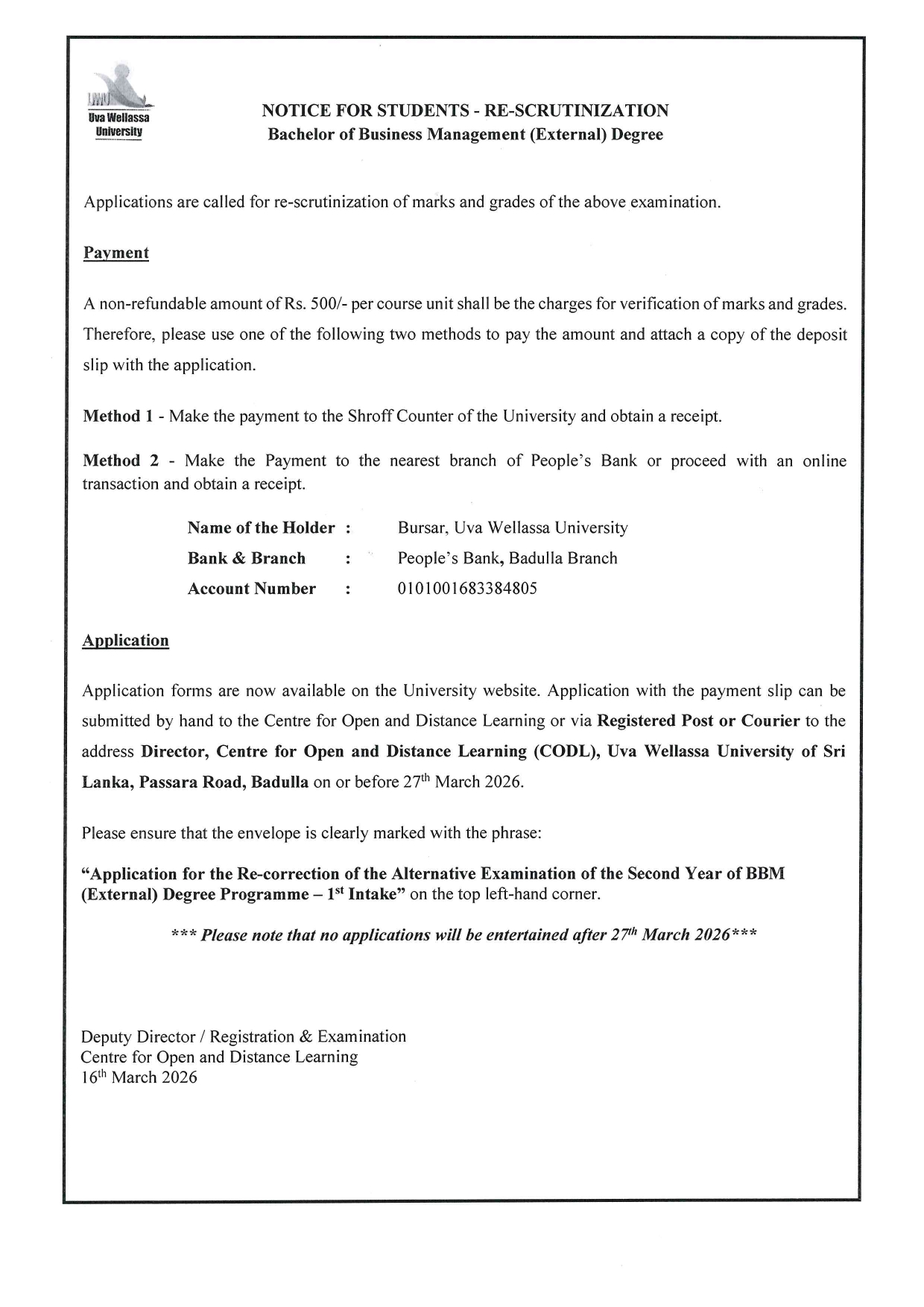 NOTICE FOR STUDENTS - RE-SCRUTINIZATION